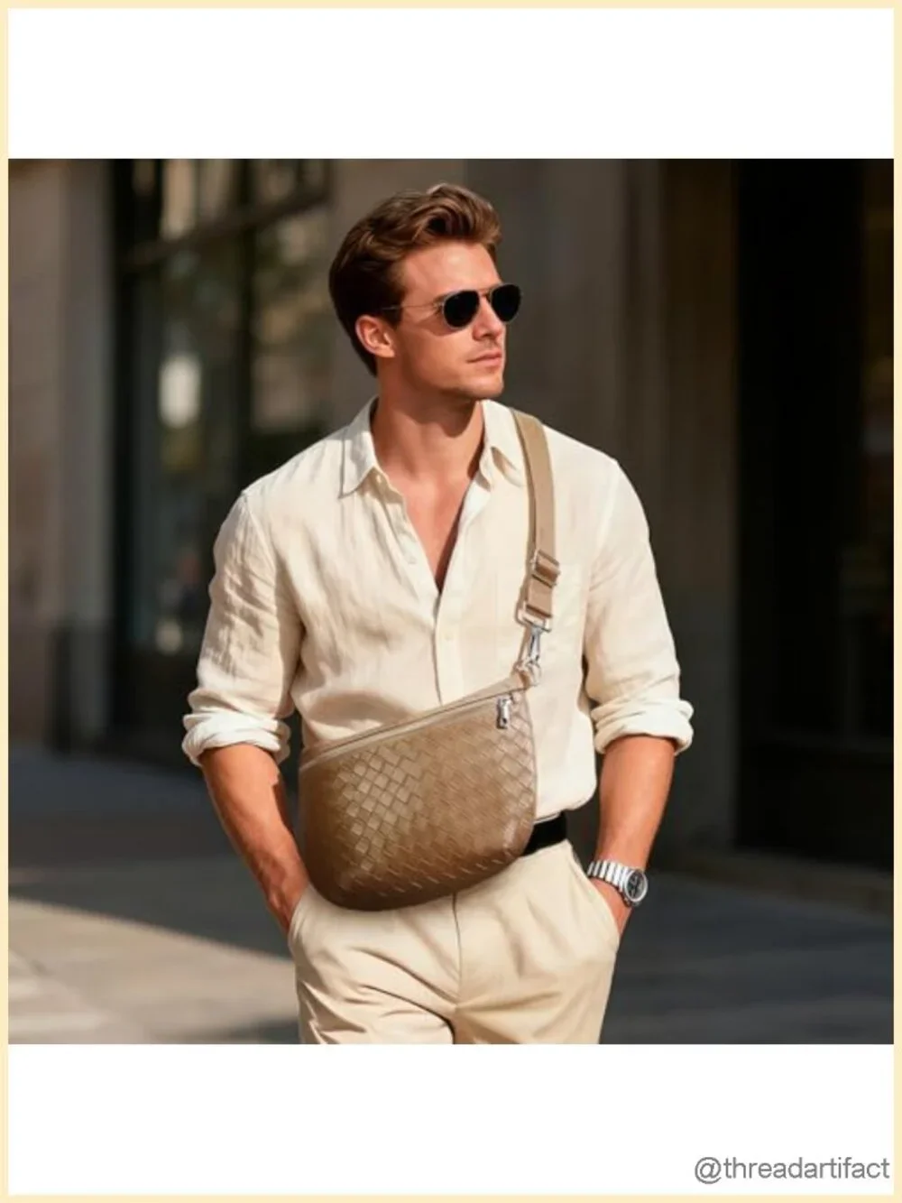 Vegan Leather Woven Crossbody Fanny Pack with Wide Strap